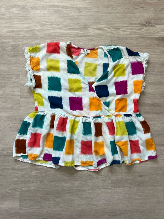 THML Tops - THML Boutique Peplum Top Med Colorblock Checkered Fringe Cap Sleeve